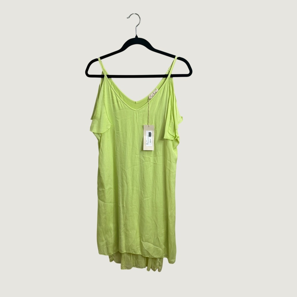 Sofia Italy Cold Shoulder Flutter Sleeve Dress Lime Green OS 100% Silk Fairy NWT